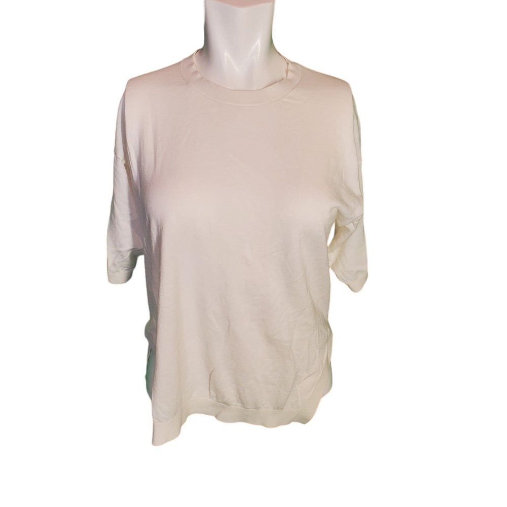Theory Ivory Knit Short Sleeve Sweater Top Split Hem Cotton Pullover Sz M